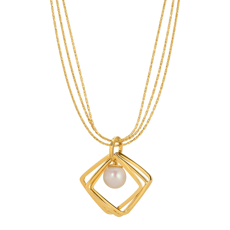 Triple Diamond Shape Dangle Pendant Featuring 8mm Freshwater Pearl.