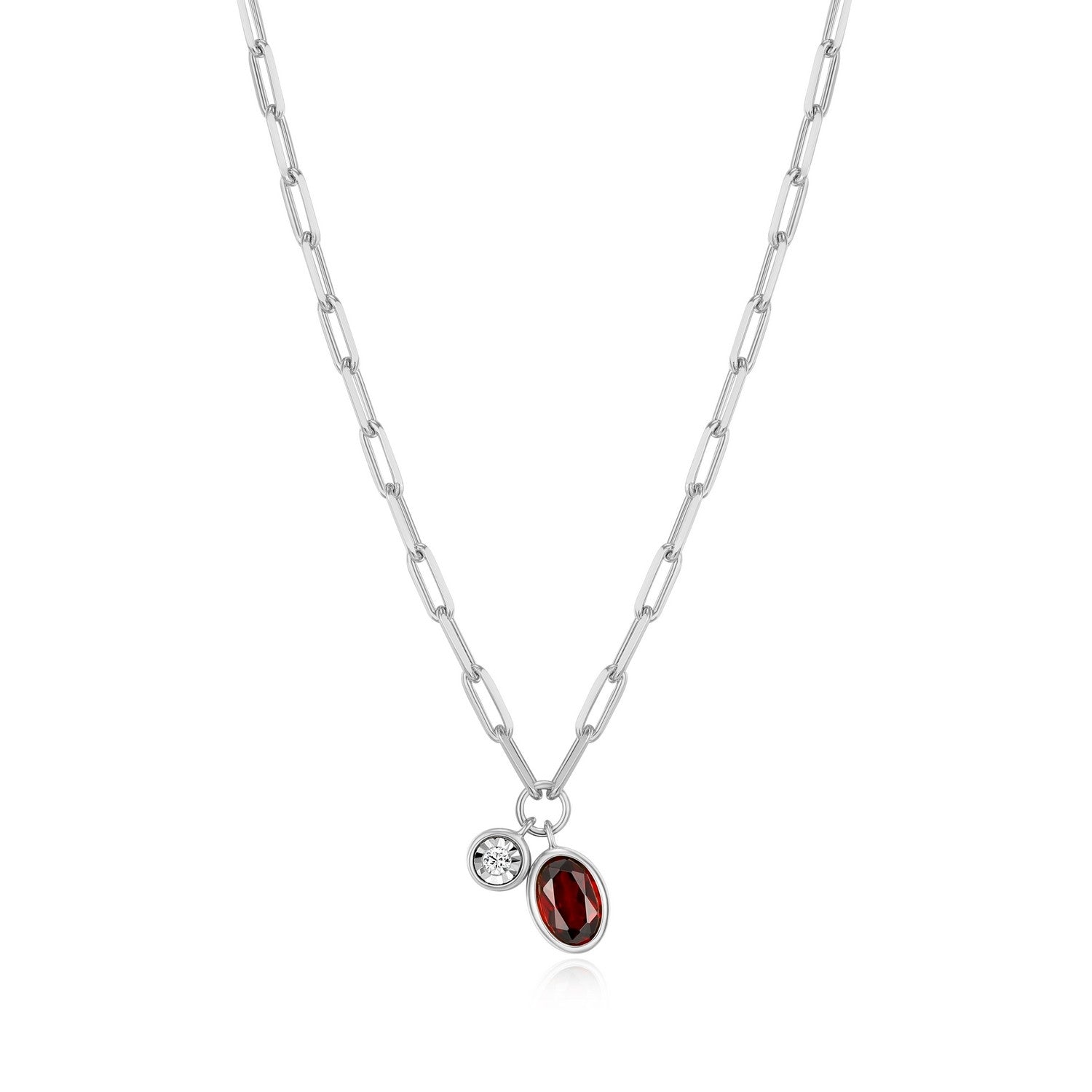 Sterling Silver Genuine Garnet & Lab-Created Diamond Paperclip Necklace