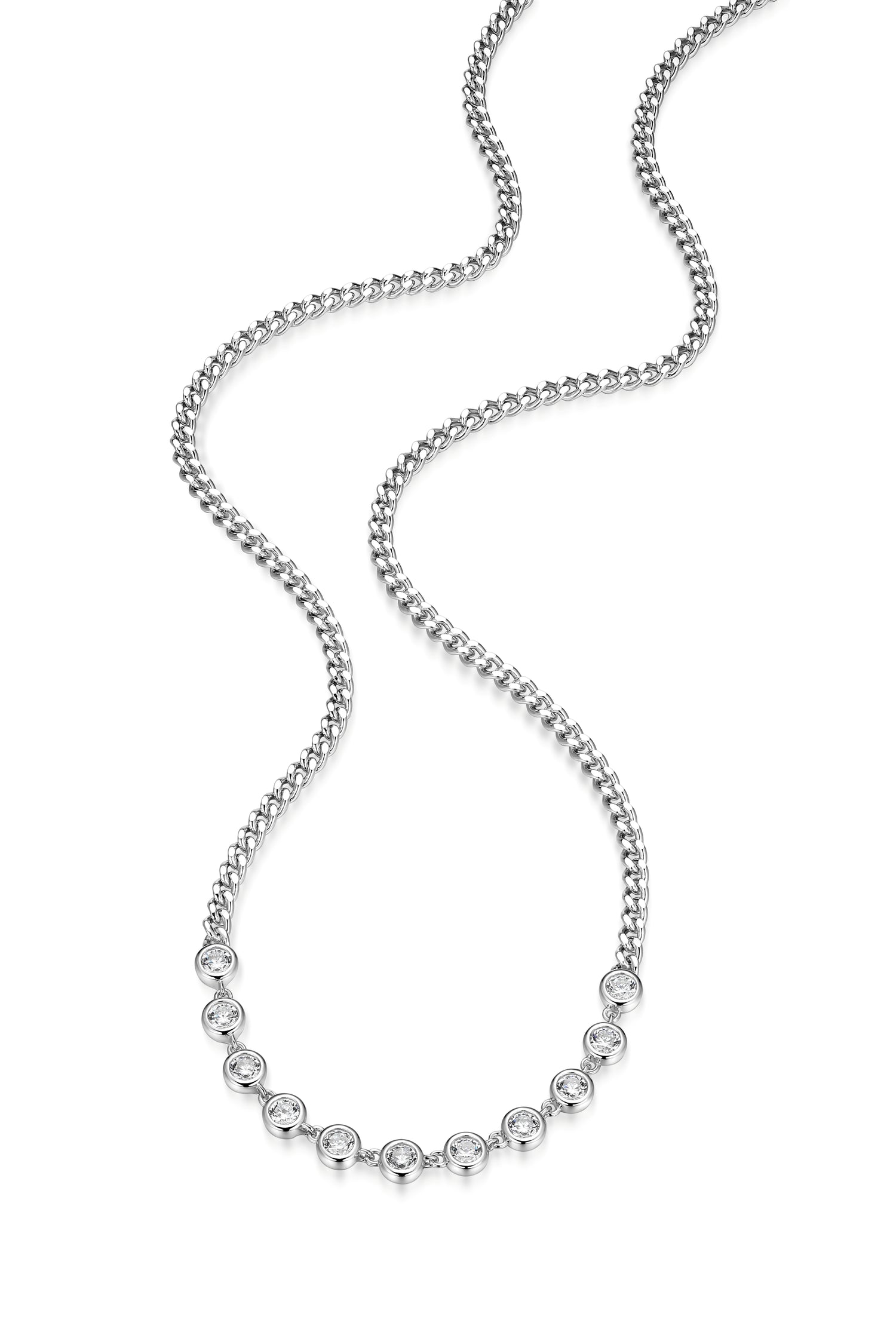 Sterling Silver 2.7mm Curb Chain Necklace with 11 Bezel-Set Diamondlite CZ