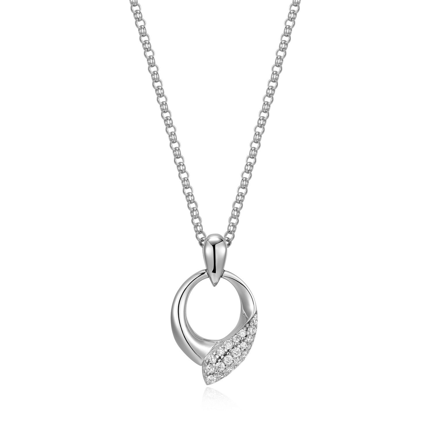 ELLE Amour Rhodium Sterling Silver CZ Circle Pendant Necklace
