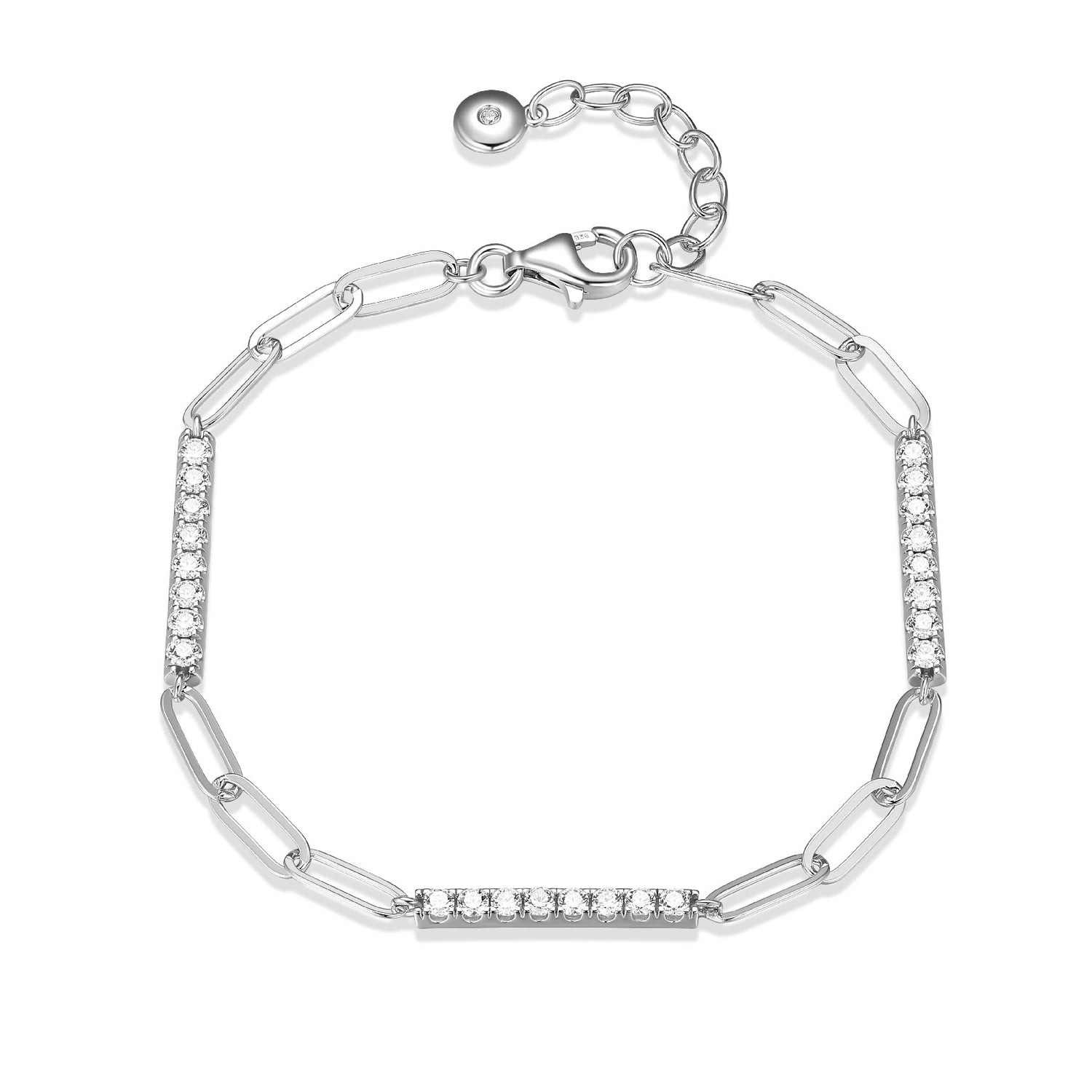 Sterling Silver Paperclip Chain and CZ Bar Bracelet