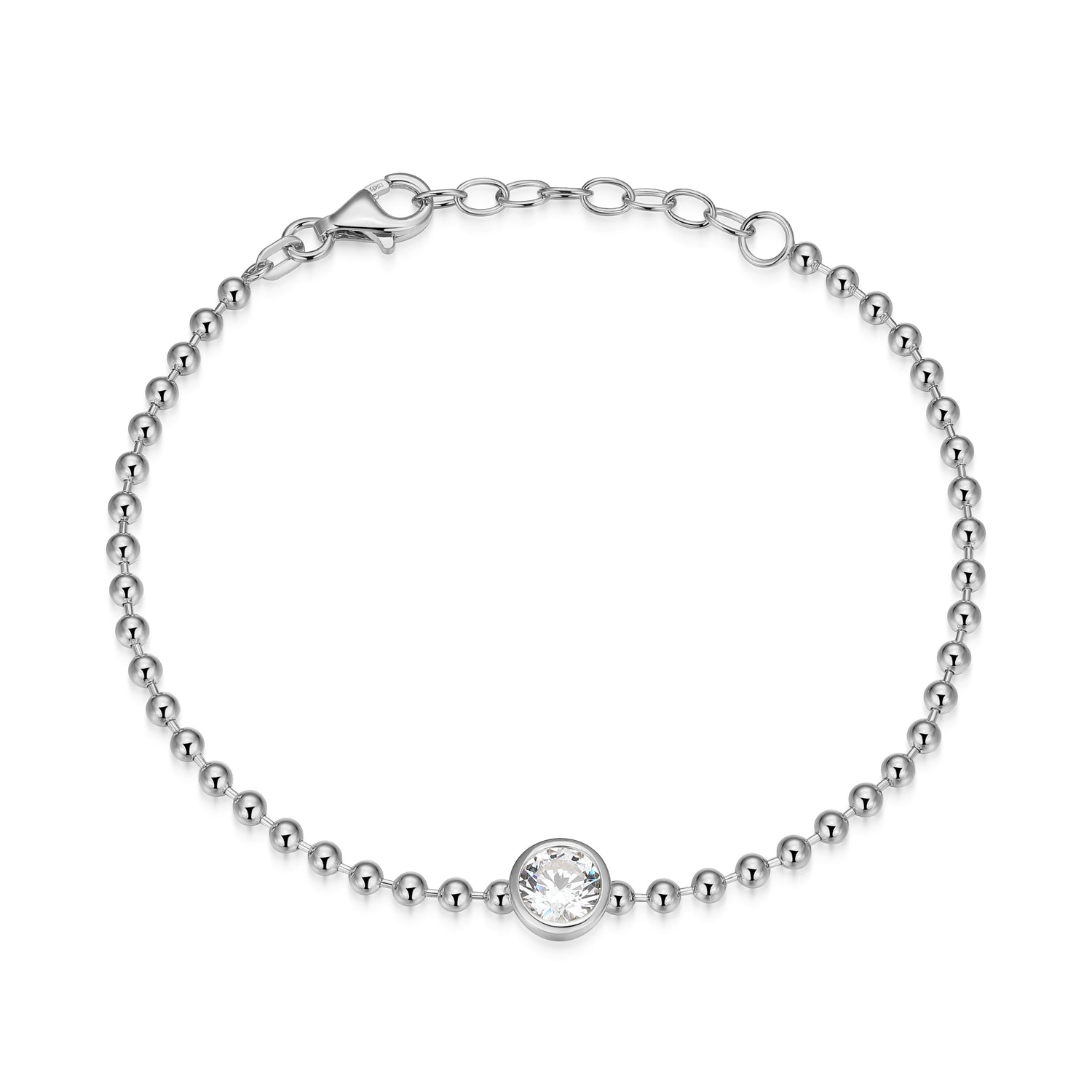 Sterling Silver 2.5mm Beaded Chain Bracelet with Bezel-Set Diamondlite CZ