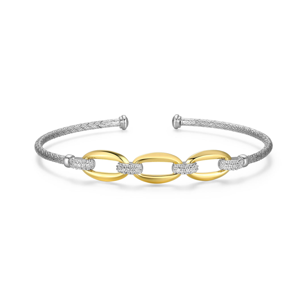 Two-Tone Sterling Silver Mesh Cuff Bracelet with Oval Links and Diamondlite