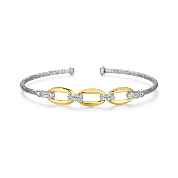 Two-Tone Sterling Silver Mesh Cuff Bracelet with Oval Links and Diamondlite