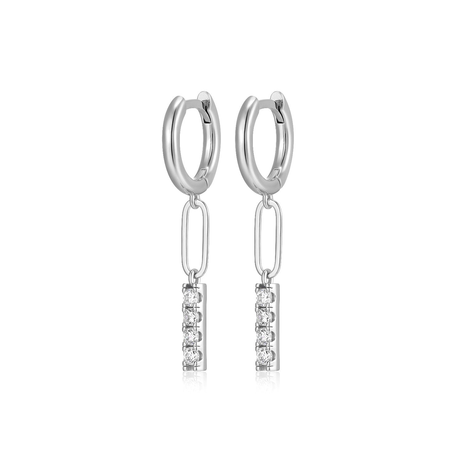 Sterling Silver Paperclip Link and Bar Drop Huggie Earrings