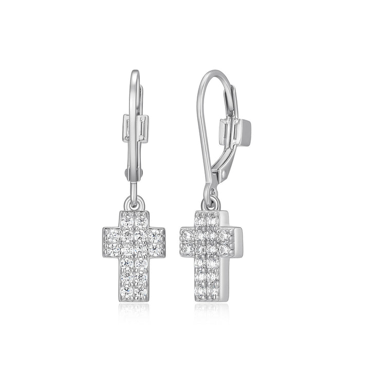 Silver & CZ Cross Dangle Leverback Earrings