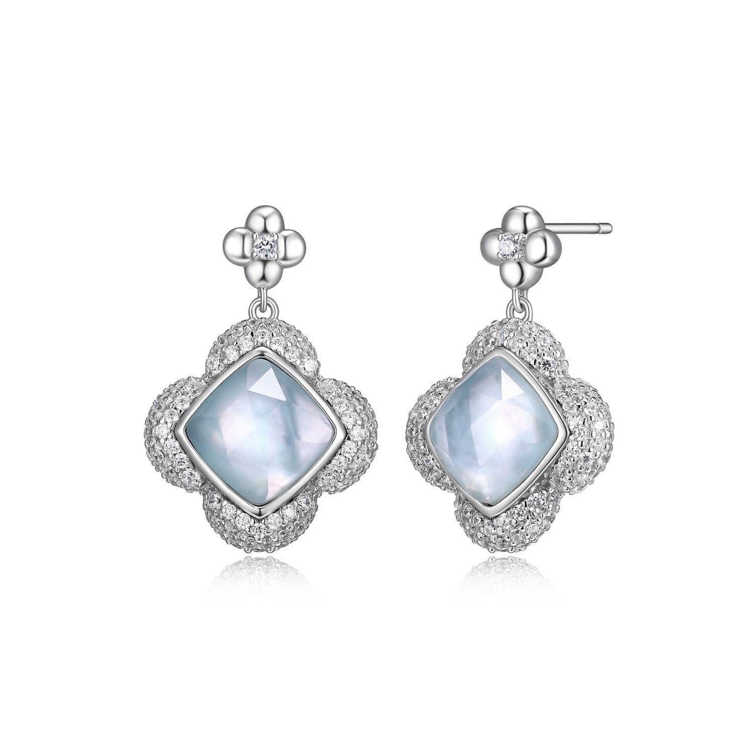 Sterling Silver Mother of Pearl & Turquoise Double-Drop Clover Earrings