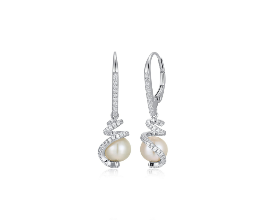 Genuine White Pearl Drop Earrings Accented with CZ Swirl