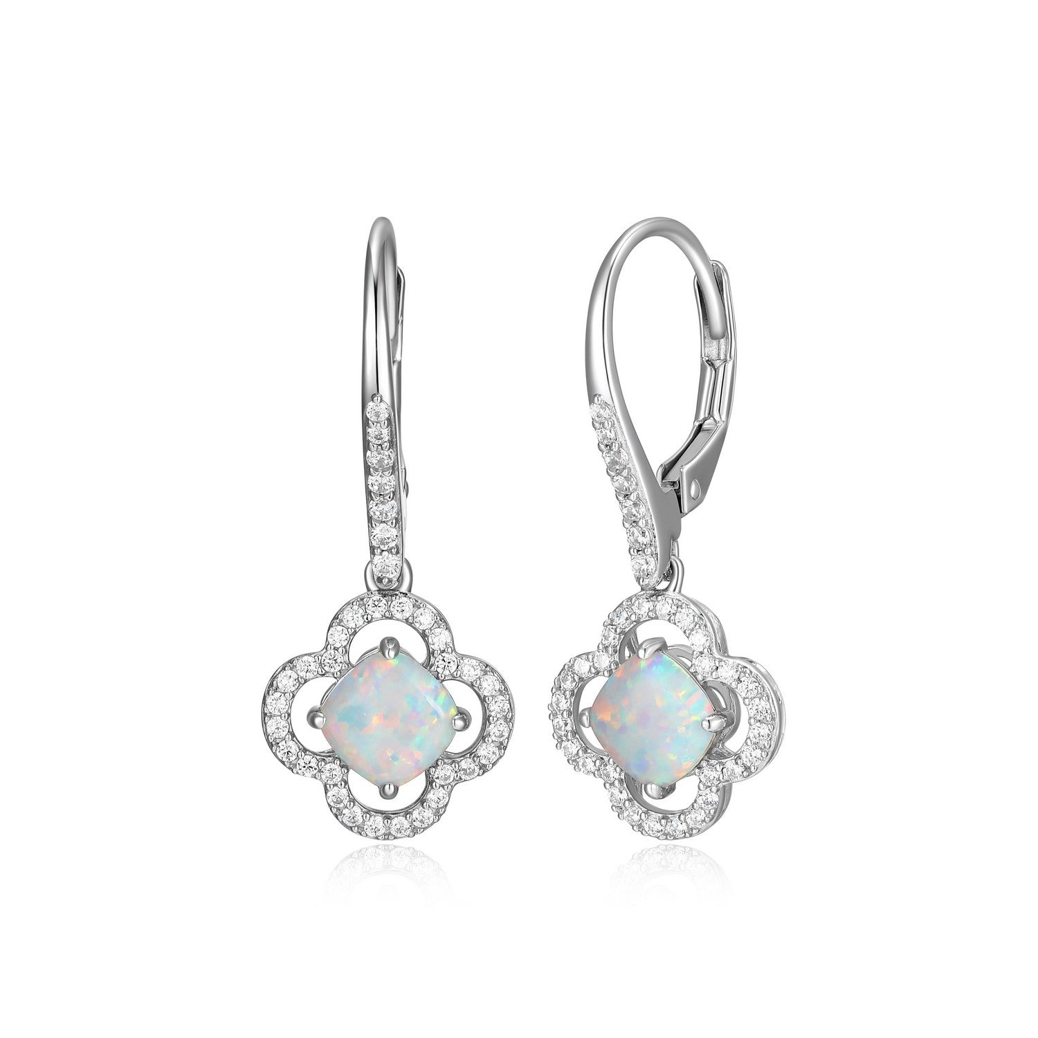 Sterling Silver Created Opal Clover Dangle Leverback Earrings
