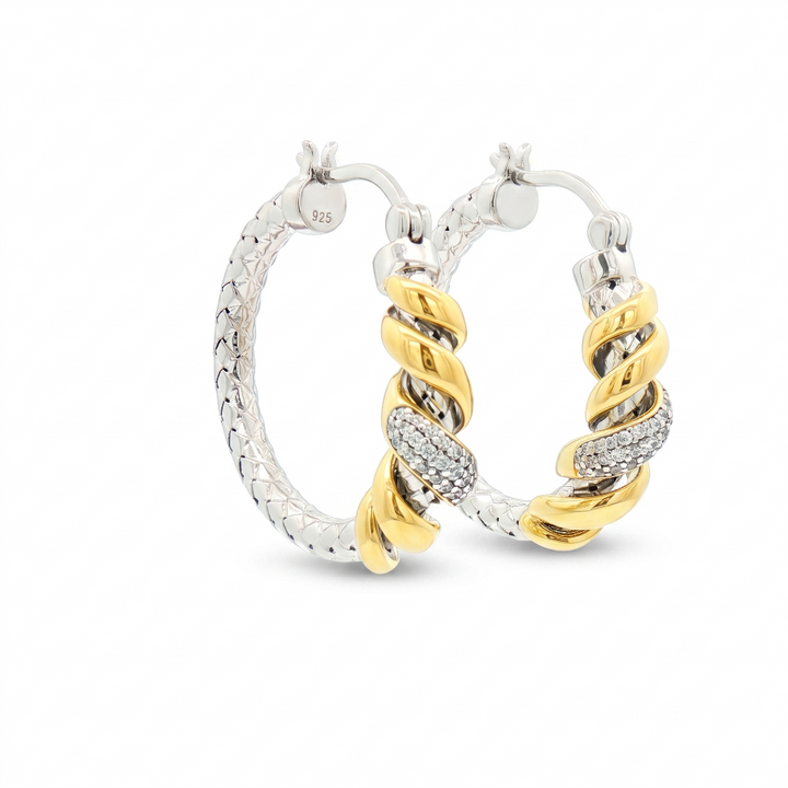 Two-Tone Sterling Silver Twisted Croissant & Mesh Hoop Earrings