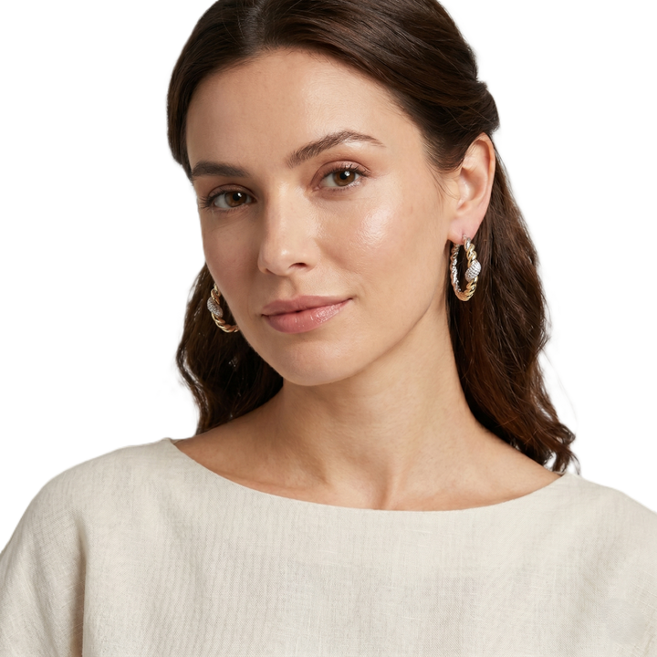 Two-Tone Sterling Silver Twisted Croissant & Mesh Hoop Earrings