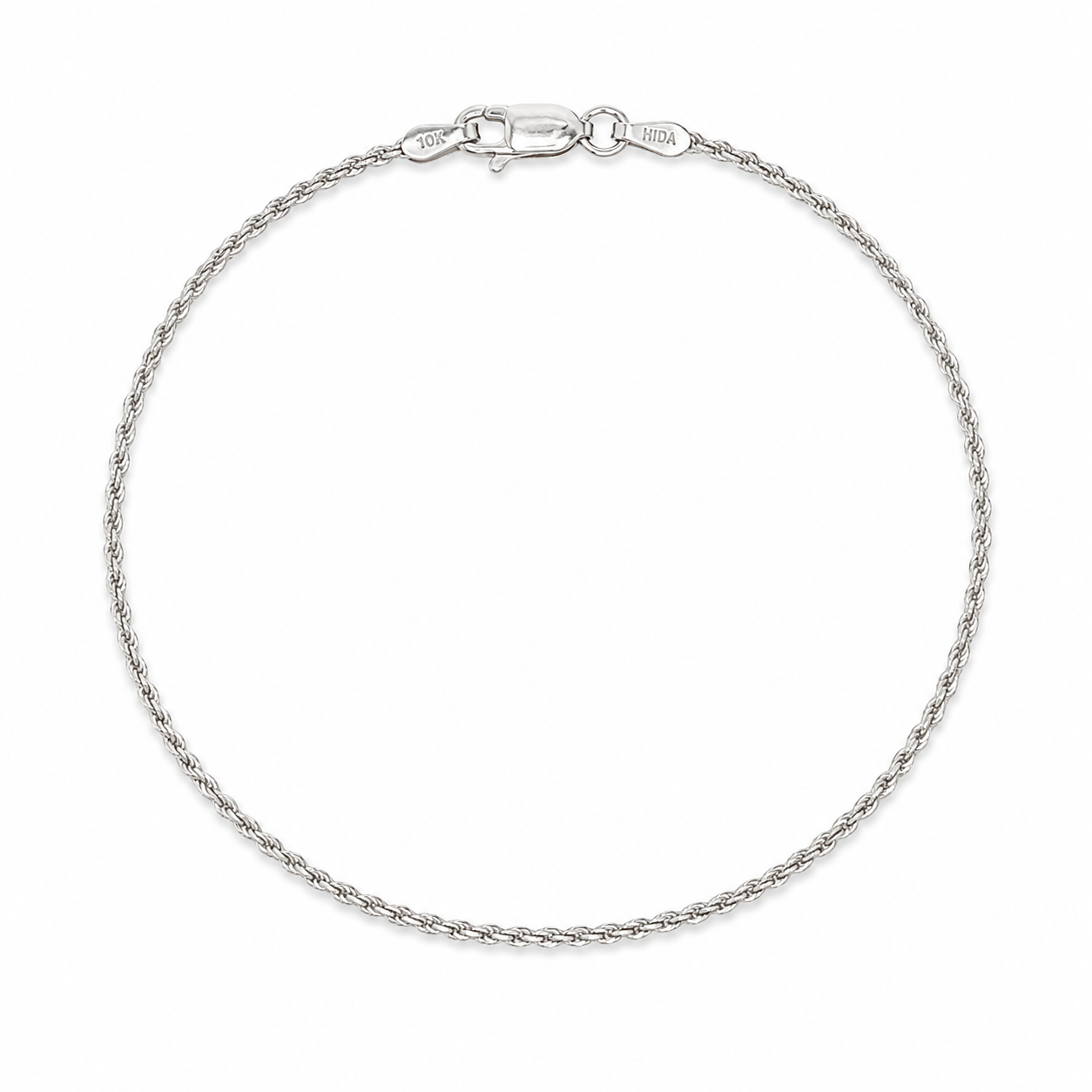 10k White Gold 1.3mm Solid Rope 8" Chain Bracelet
