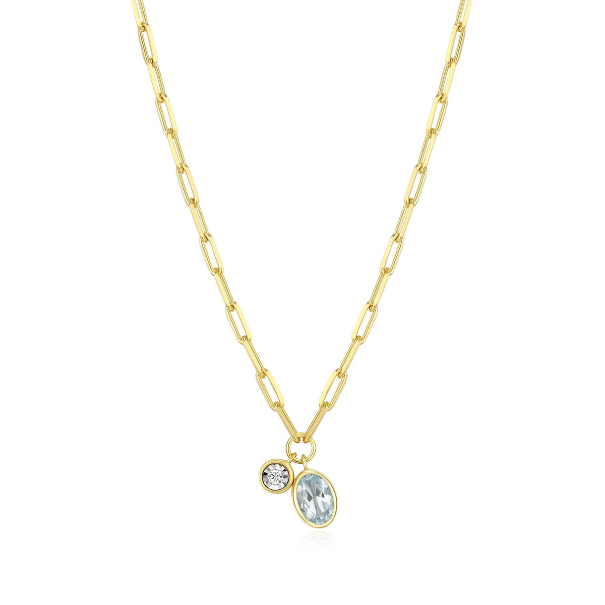 "M" March Birthstone Aquamarine & Lab Diamond Paperclip Necklace