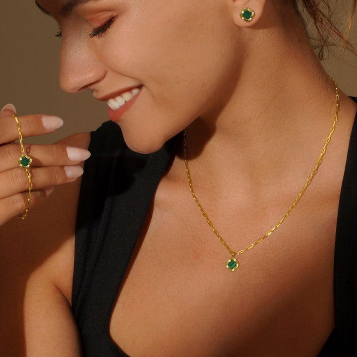 Bliss Gold-Plated Malachite Clover Paperclip Necklace by Charles Garnier