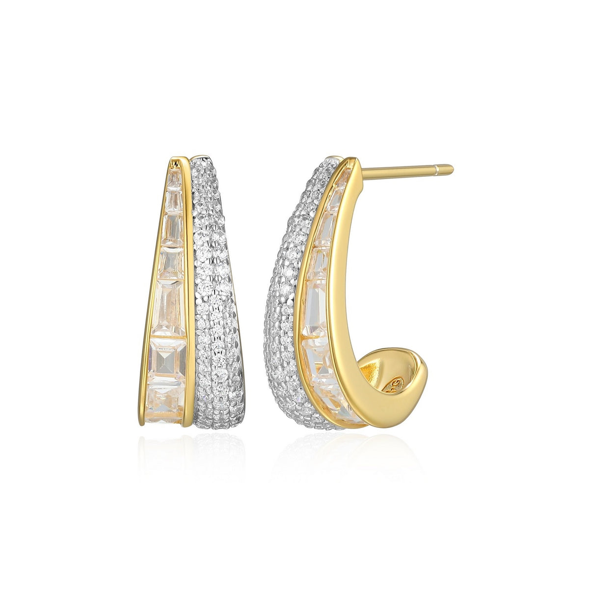 Two Tone Baguette and Pavé CZ Half Hoop Earrings