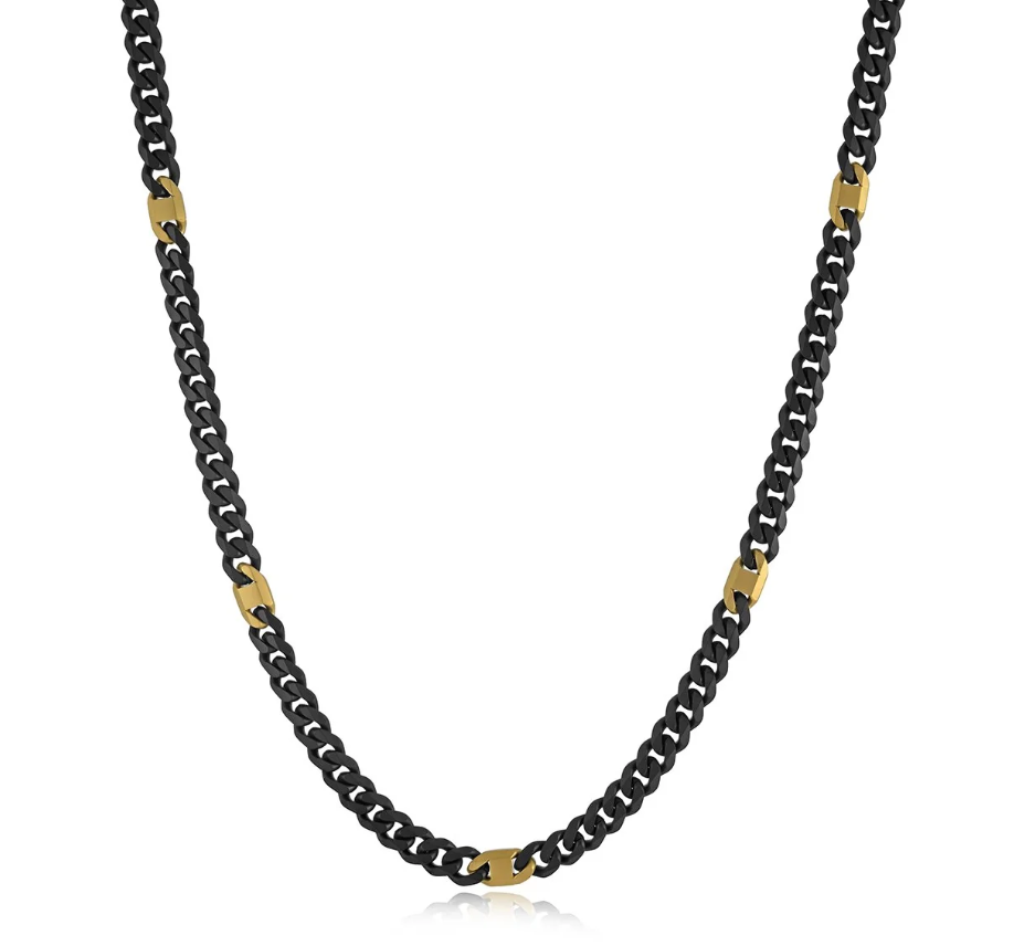 6mm Matte Black Curb Link Chain with Gold Accents, 22"