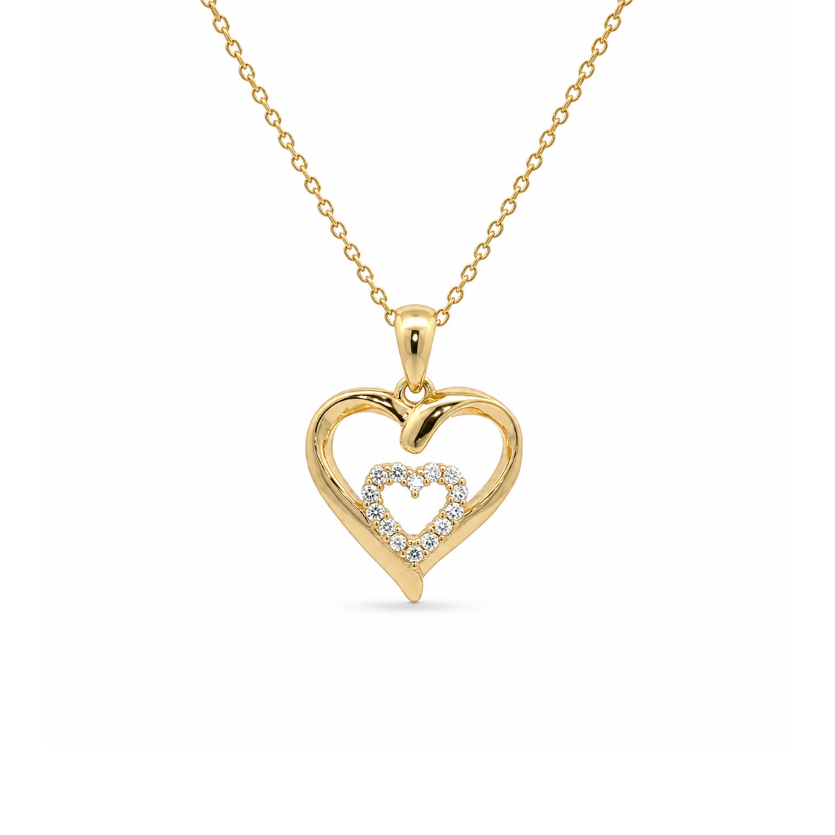 Double Heart Pendant with Cubic Zircona, Gold-Plated