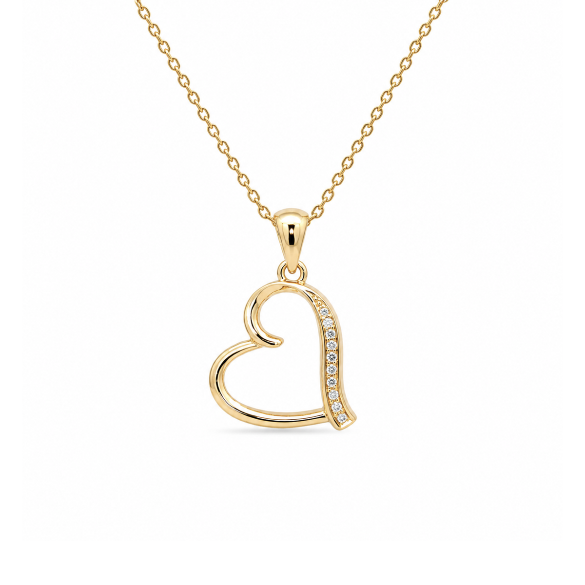 Offset Heart Pendant with Cubic Zirconias, Gold-Plated
