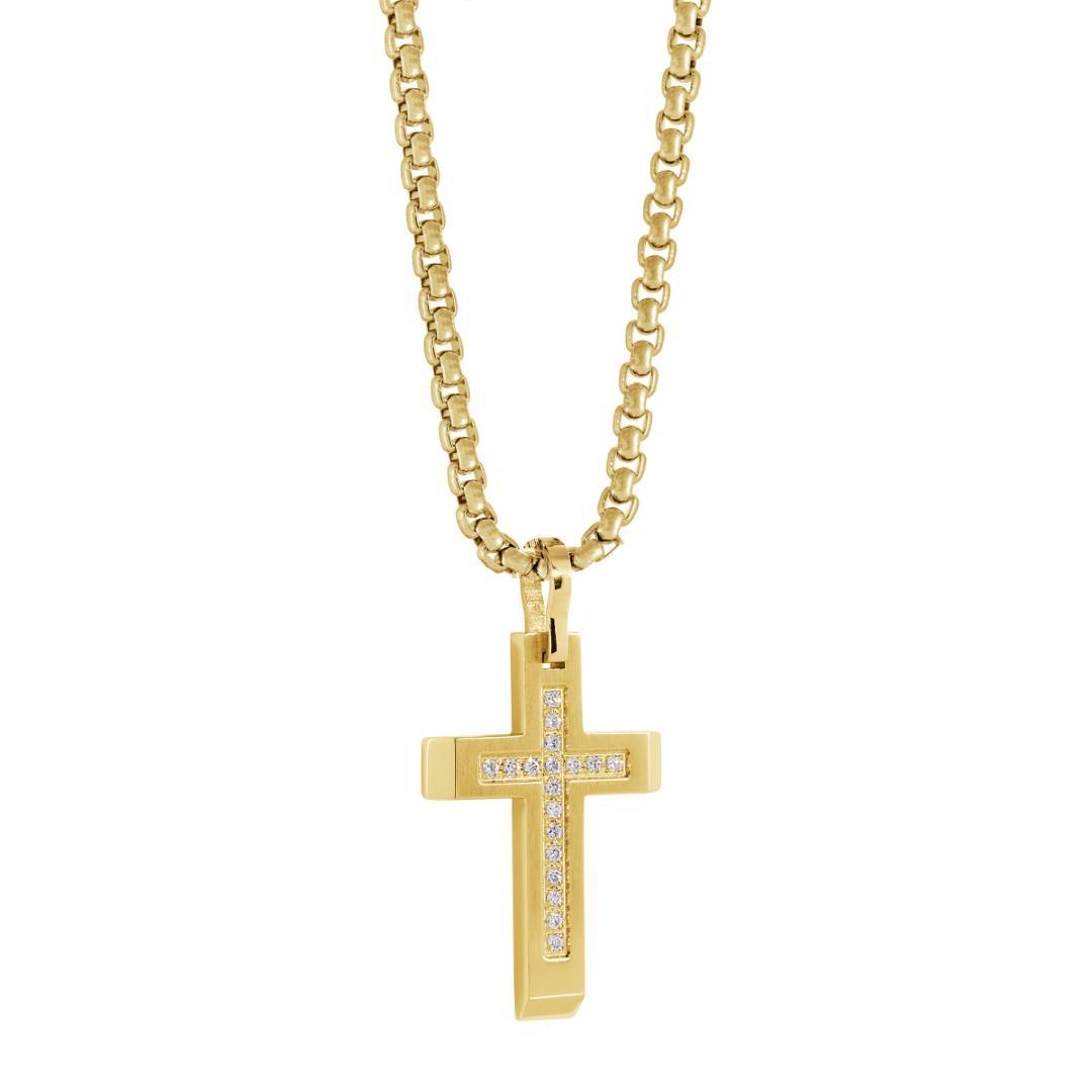 Italgem Gold IP Stainless Steel White CZ Cross Necklace (22")