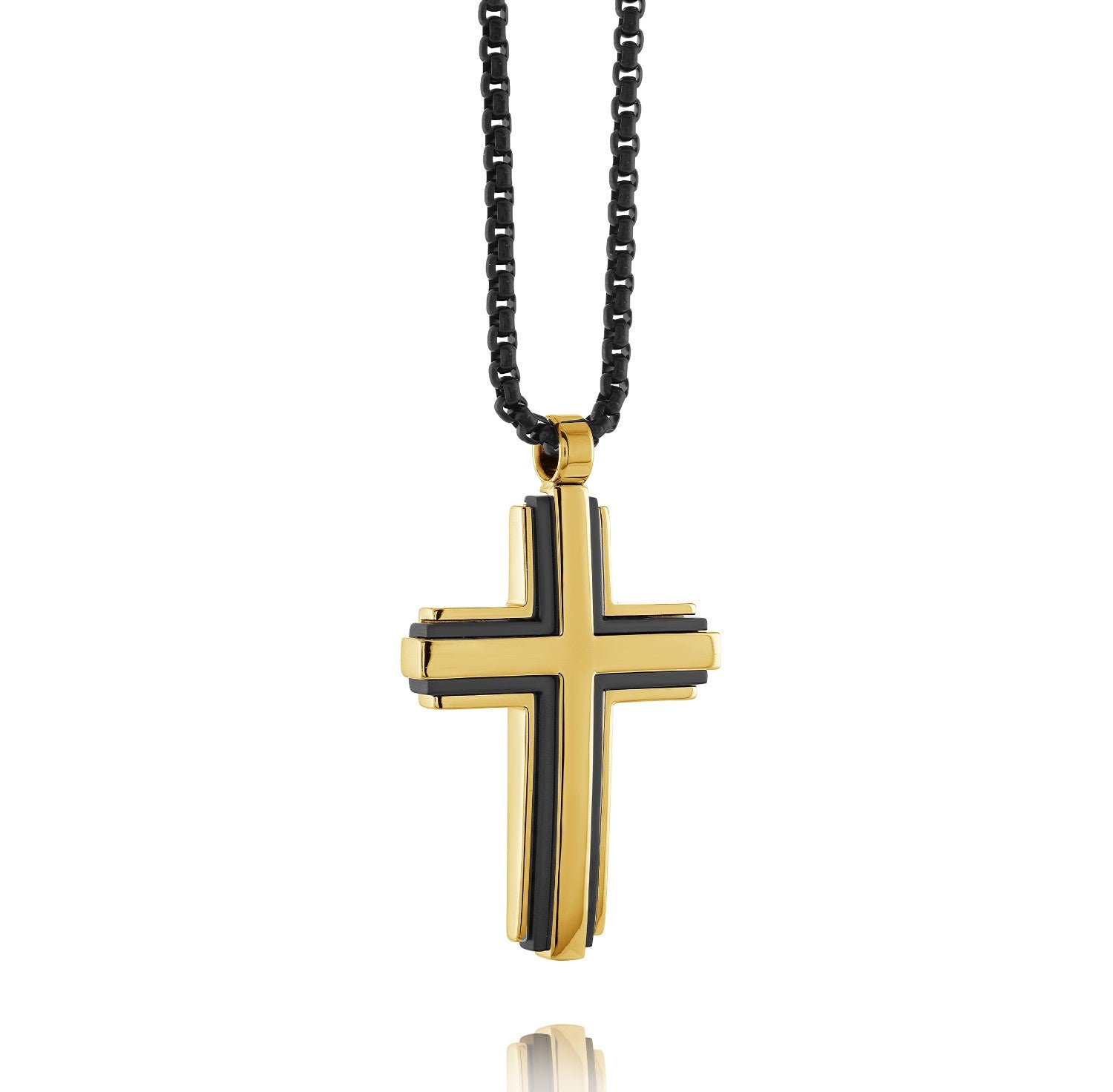 Italgem Steel Gold & Black IP Cross Necklace