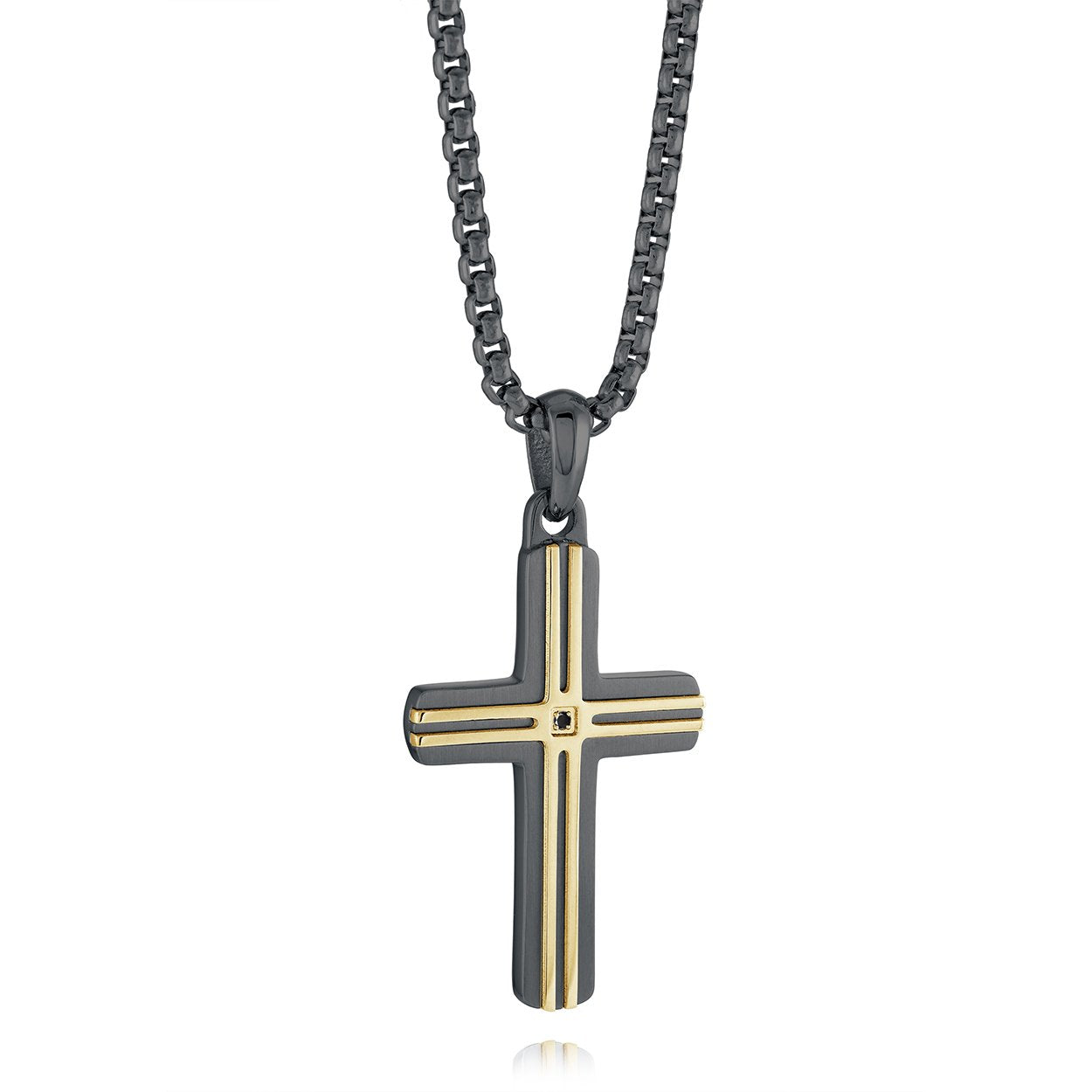 Italgem Steel Black & Gold IP Groove Pattern Cross Pendant