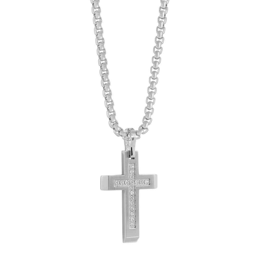 Italgem Stainless Steel Matte White CZ Cross Necklace (22")
