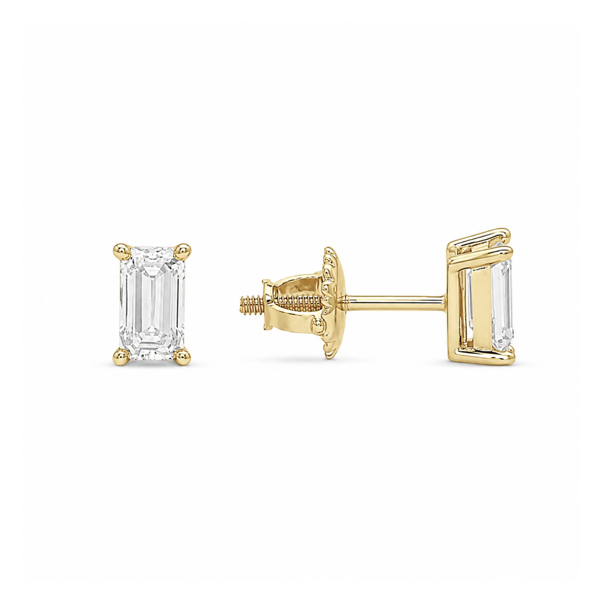 Emerald Cut Moissanite Stud Earrings, Gold-Plated
