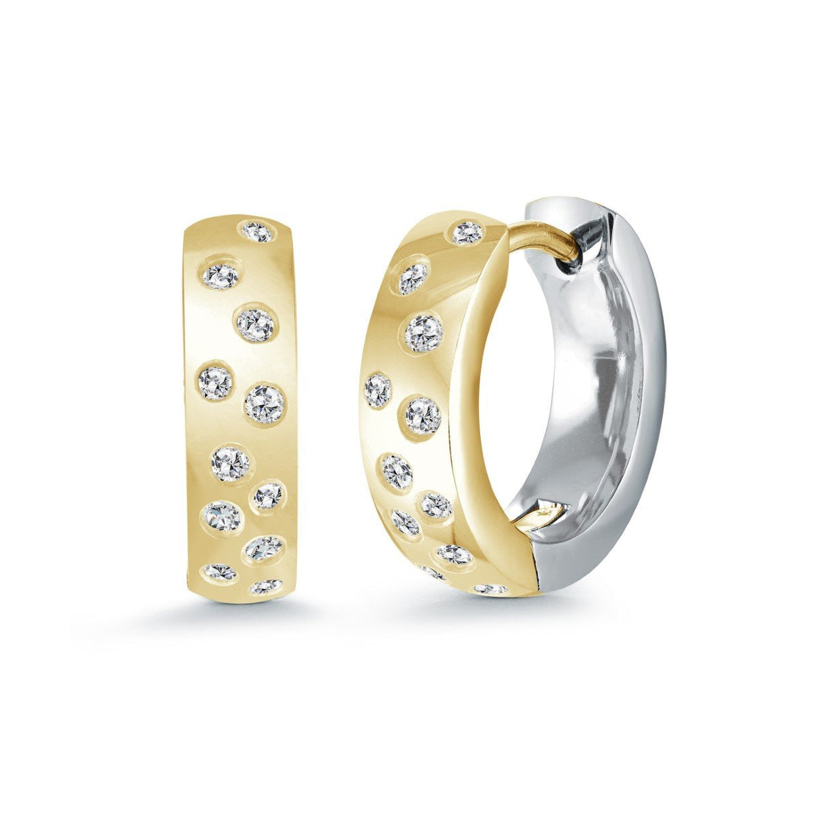 Assymetrically Set CZ Two Tone Huggie Earrings