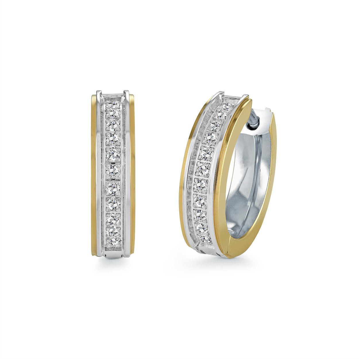 15MM Two Tone Channel Set CZ Huggie Earrings
