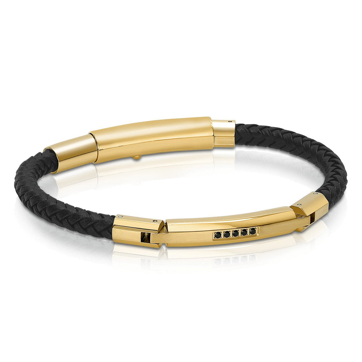 Black and Gold Leather and Steel Bracelet