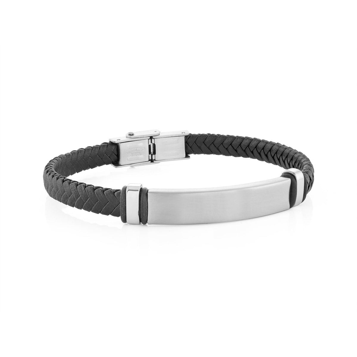 Italgem Black Braided Leather Brushed Stainless Steel ID Bracelet