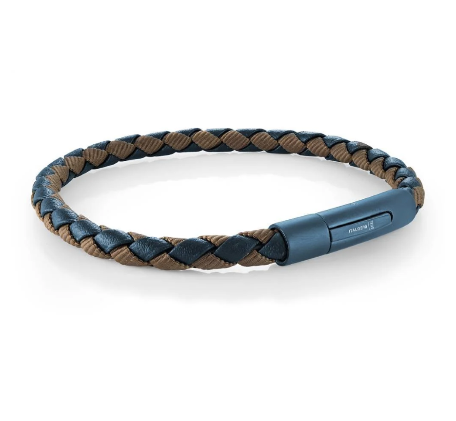 Blue and Brown Braided Leather and Cord Bracelet, 8.2"