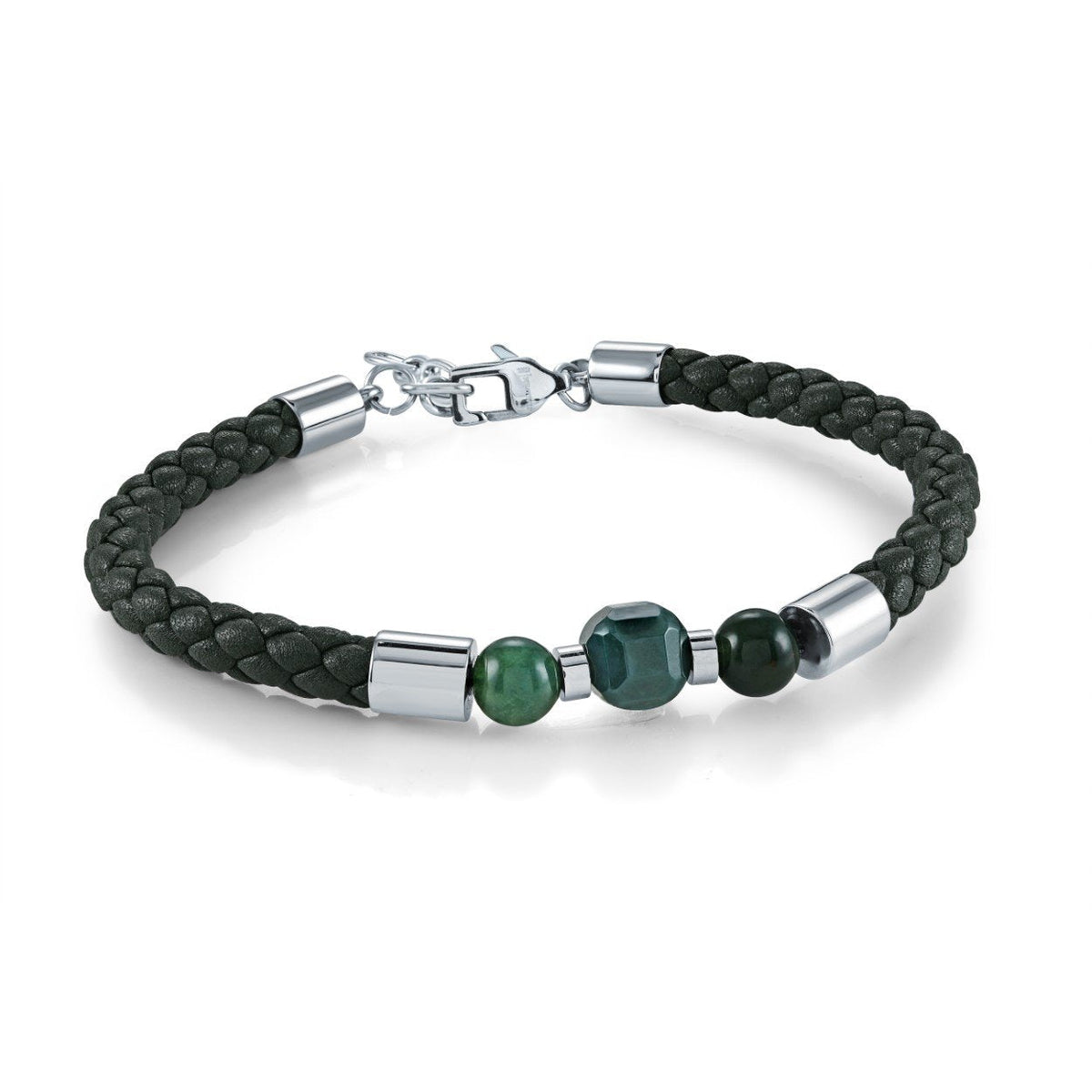 Black Braided LEather Bracelet with Moss Agate Beads