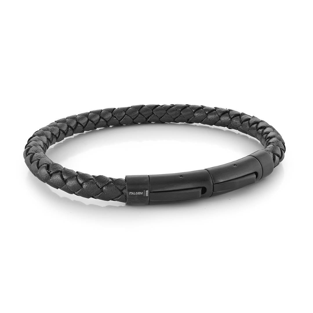 Black Braided Leather Bracelet with Push Button Clasp