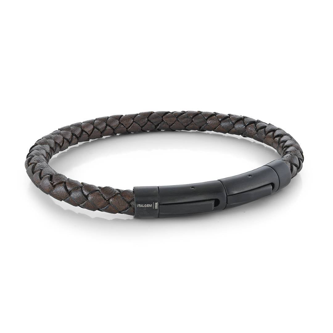 Brown Braided Leather Bracelet with Push Button Clasp