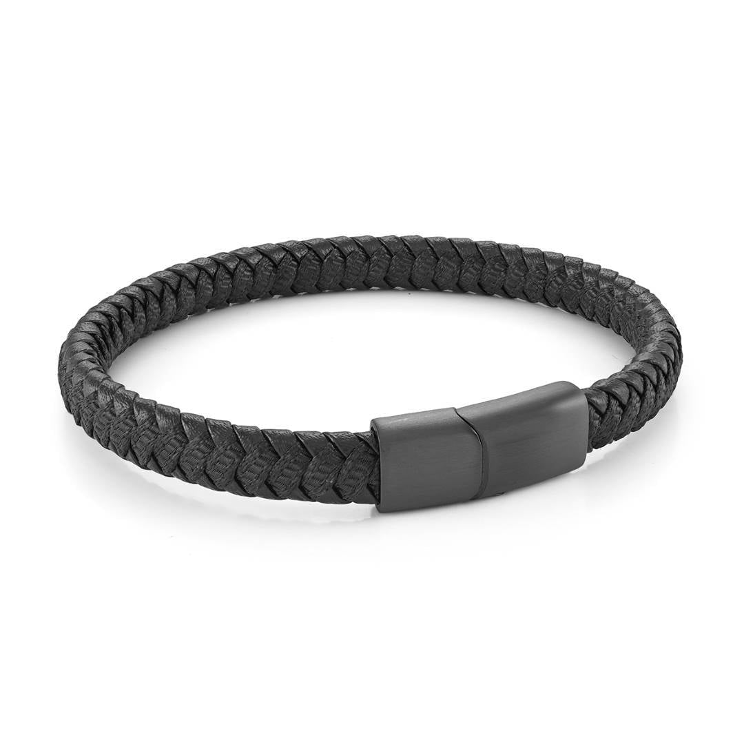 Black Braided Leather and Nylon Bracelet, 8"