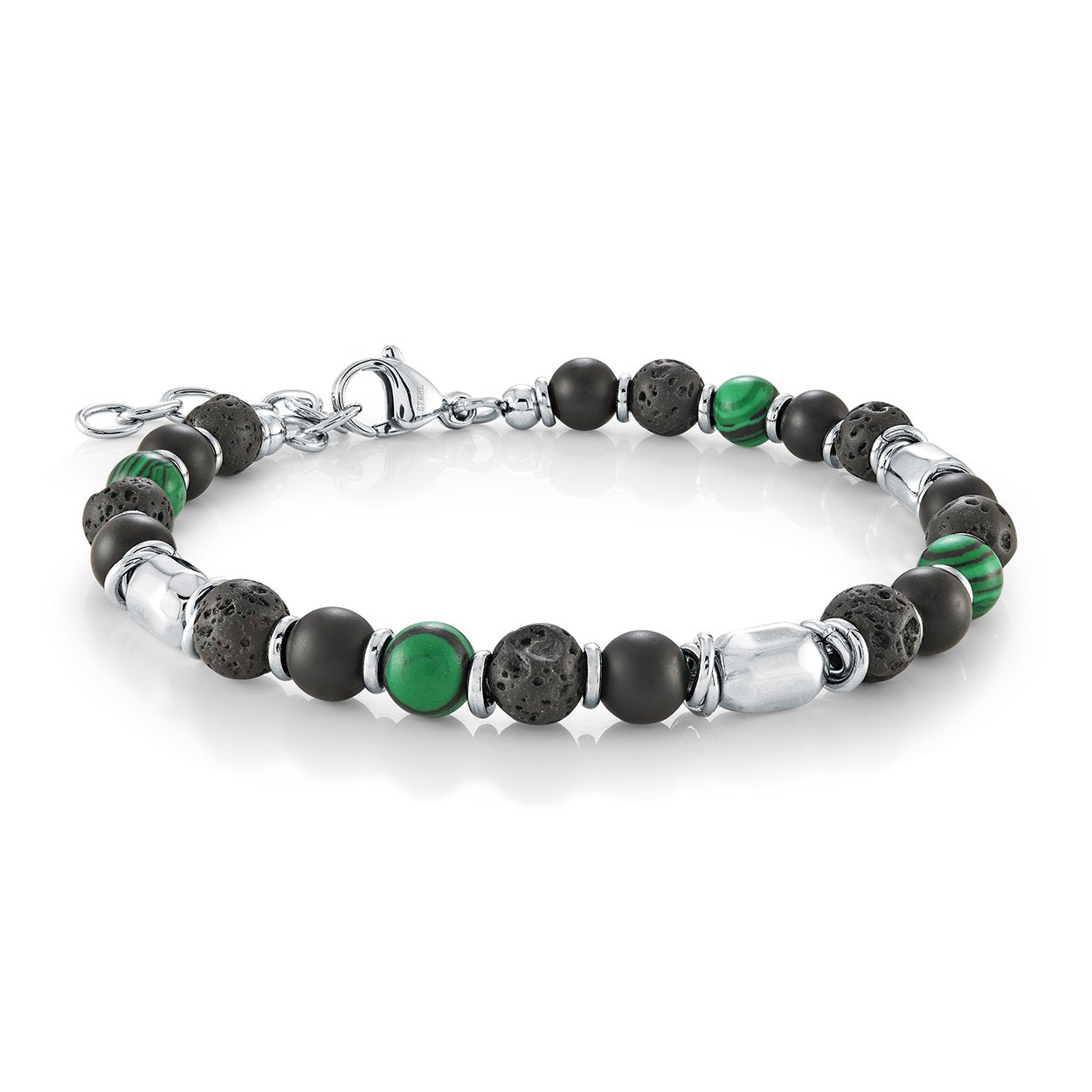 Italgem Steel Malachite and Onyx Lava Beaded Bracelet
