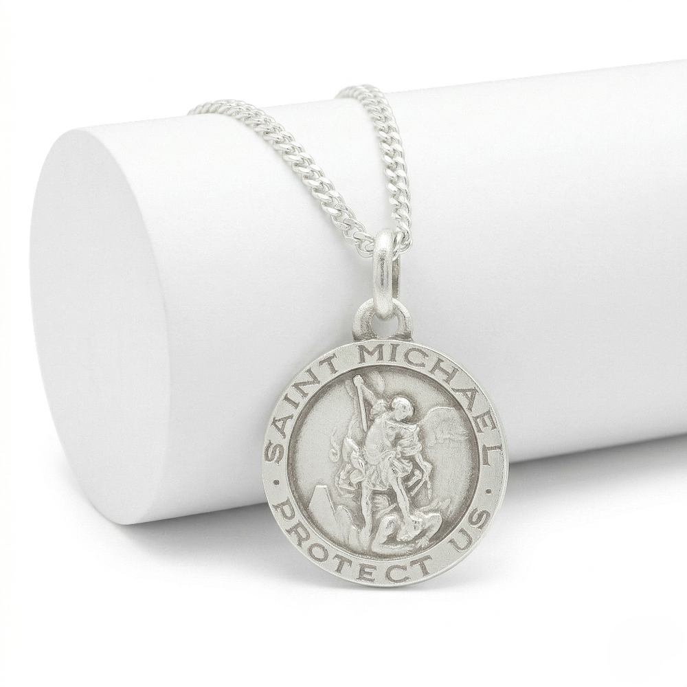 Sterling Silver 18mm St. Michael Protect Us Religious Medal Pendant