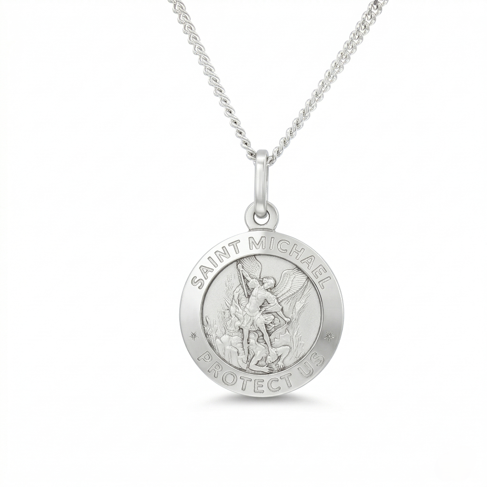 Sterling Silver 18mm St. Michael Protect Us Religious Medal Pendant