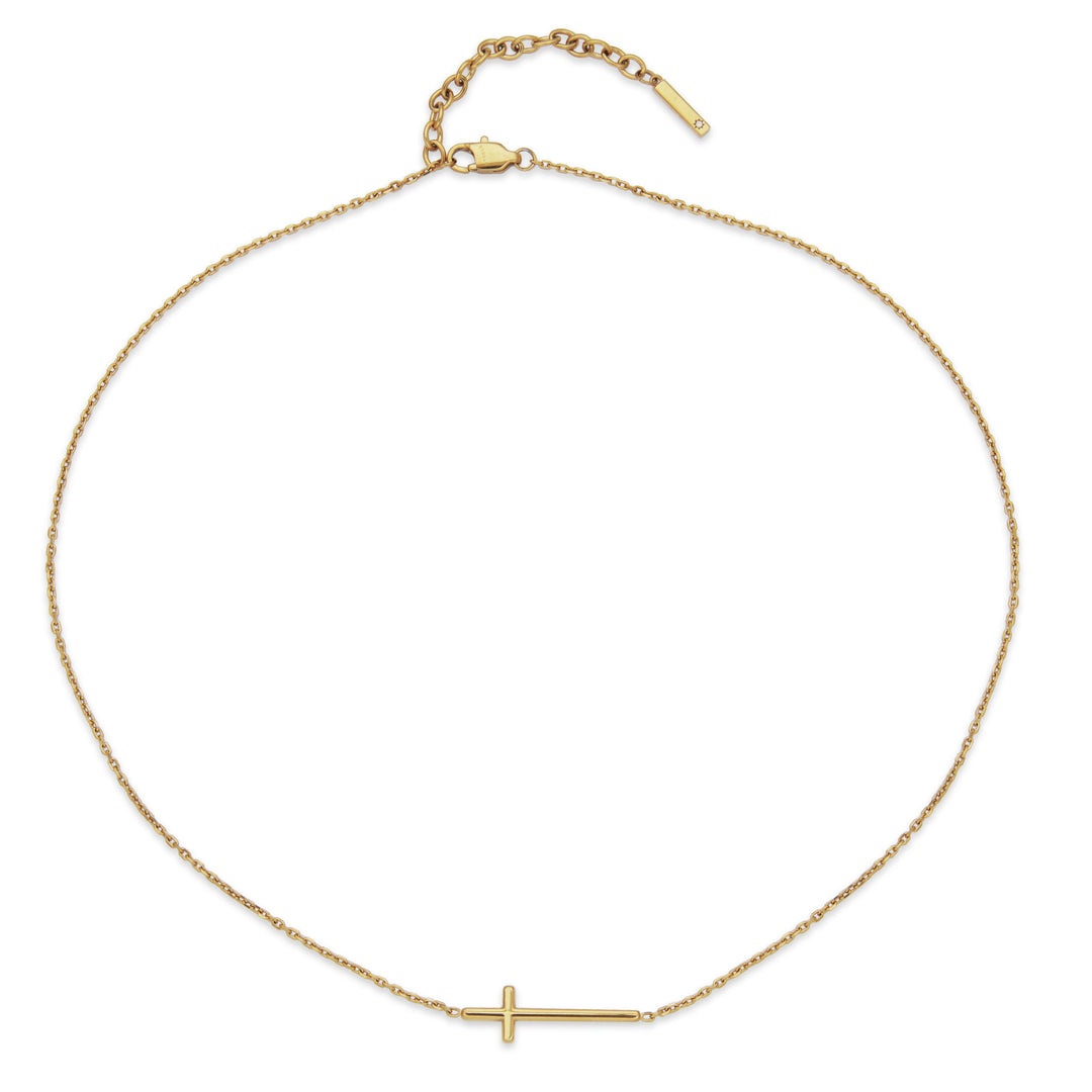 Gold Ion-Plated Stainless Steel Sideways Cross Necklace