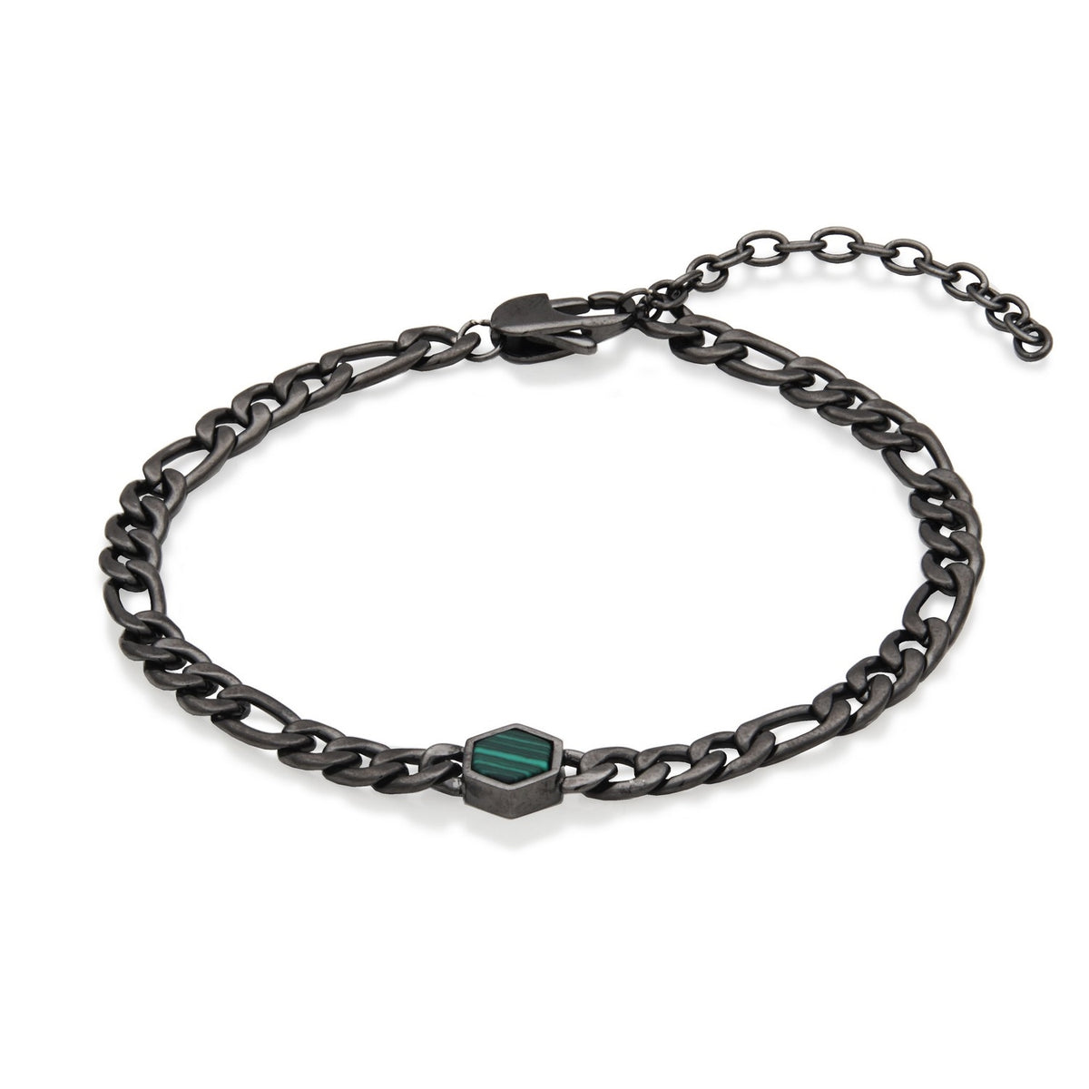 Green Malachite and Gunmetal Figaro Bracelet, 8.25 + 2"
