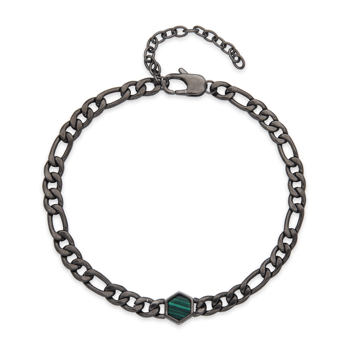 Green Malachite and Gunmetal Figaro Bracelet, 8.25 + 2"