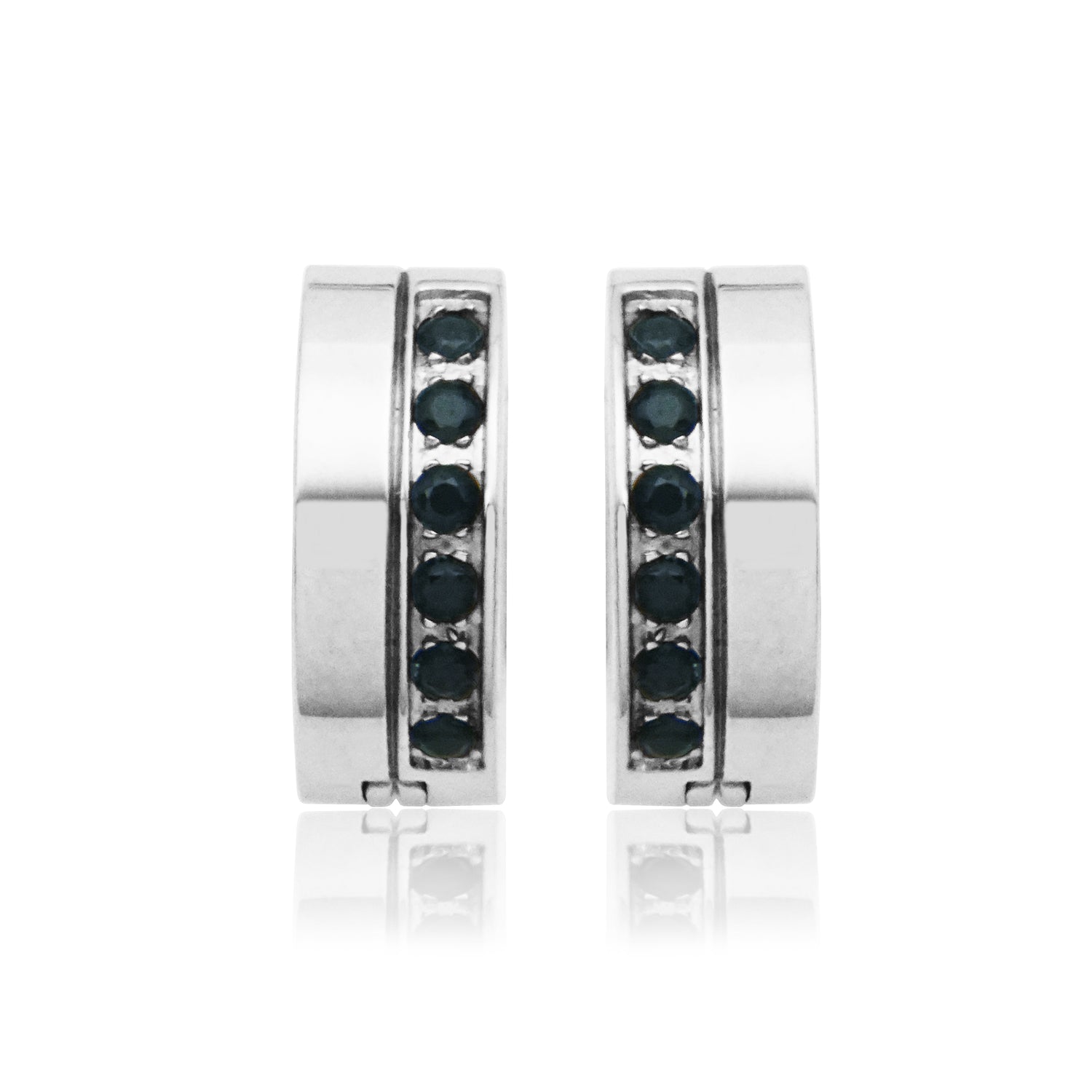 Stainless Steel Huggie Hoop Earrings with Offset Black Cubic Zirconia