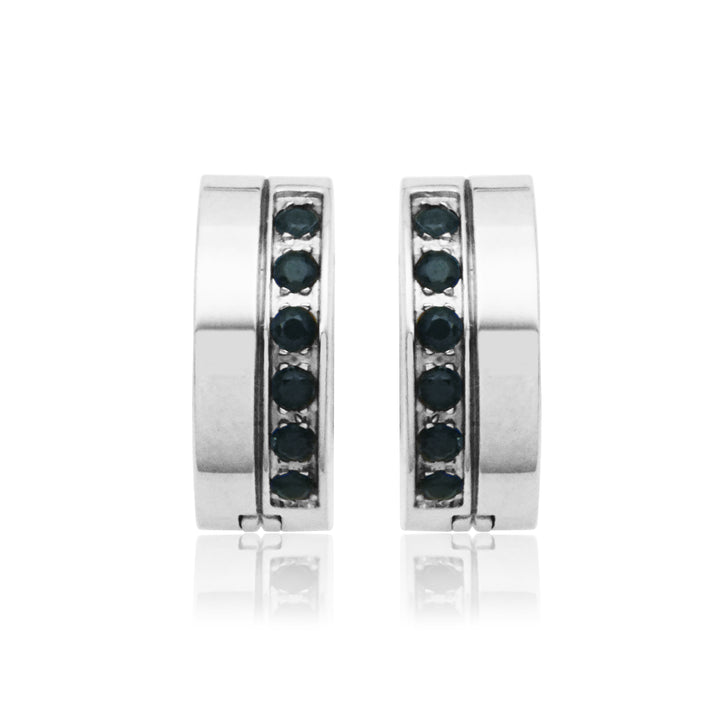 Stainless Steel Huggie Hoop Earrings with Offset Black Cubic Zirconia