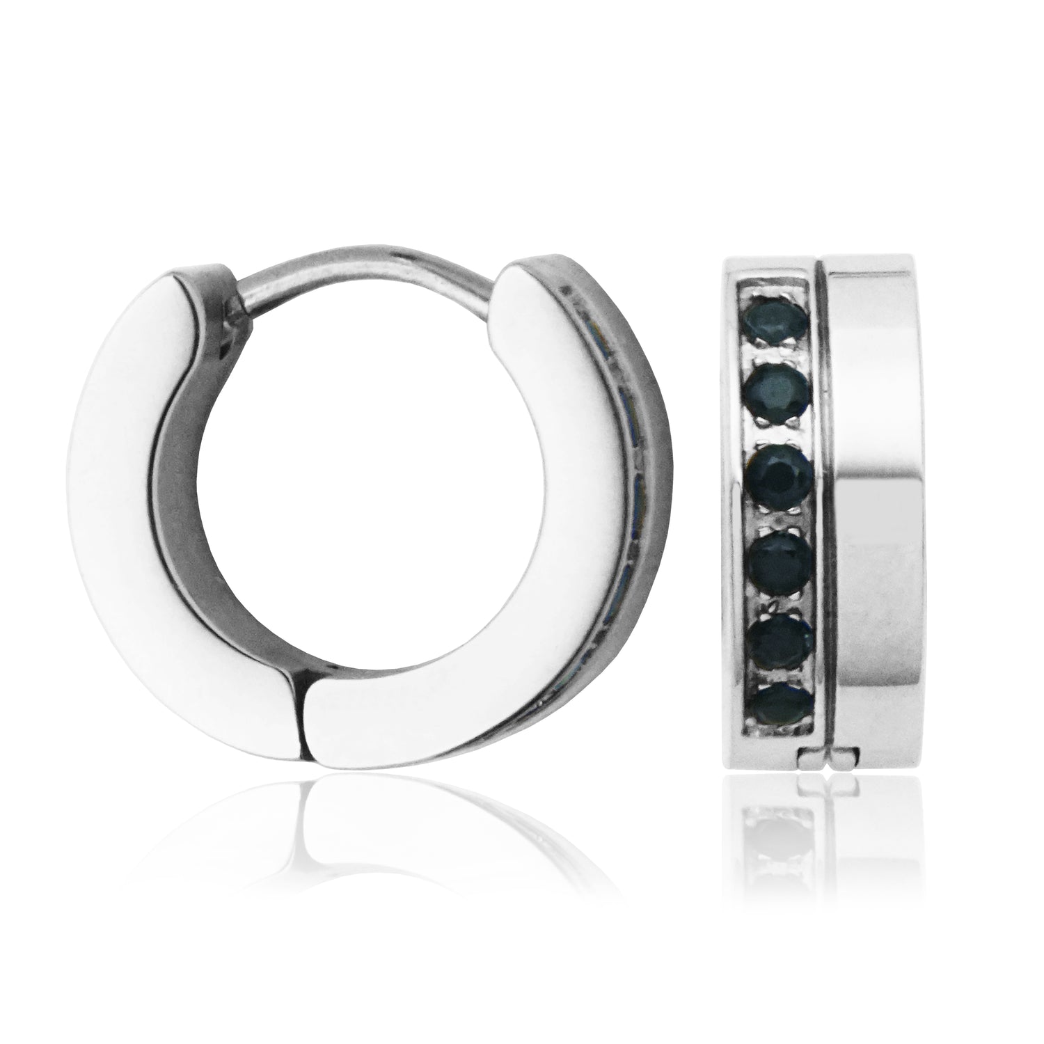 Stainless Steel Huggie Hoop Earrings with Offset Black Cubic Zirconia