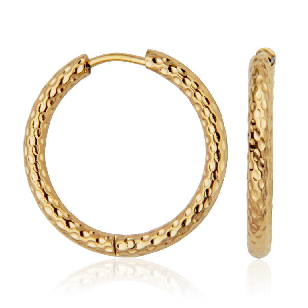 Gold Ion-Plated Stainless Steel Hammered Texture Hoop Earrings