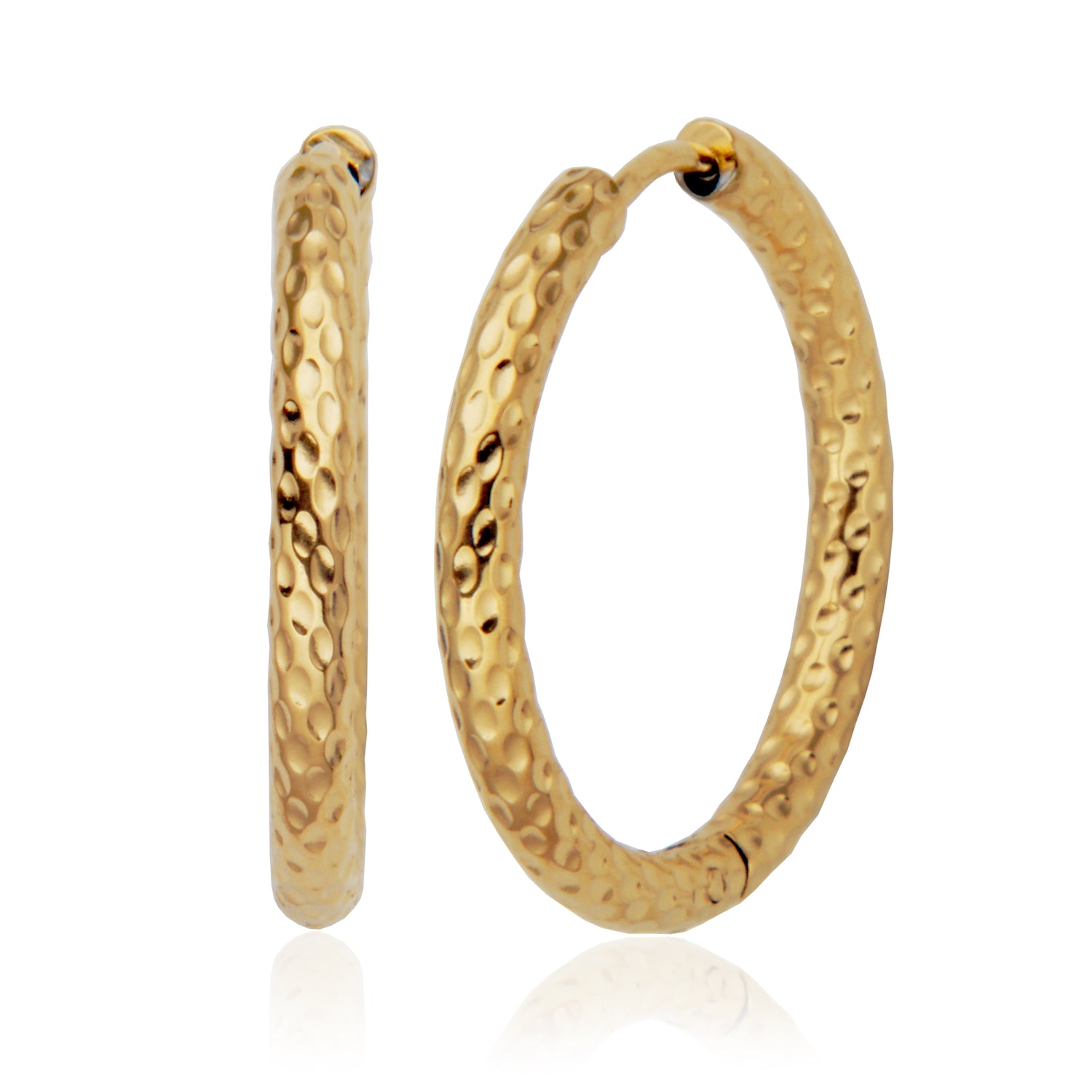 Gold Ion-Plated Stainless Steel Hammered Texture Hoop Earrings