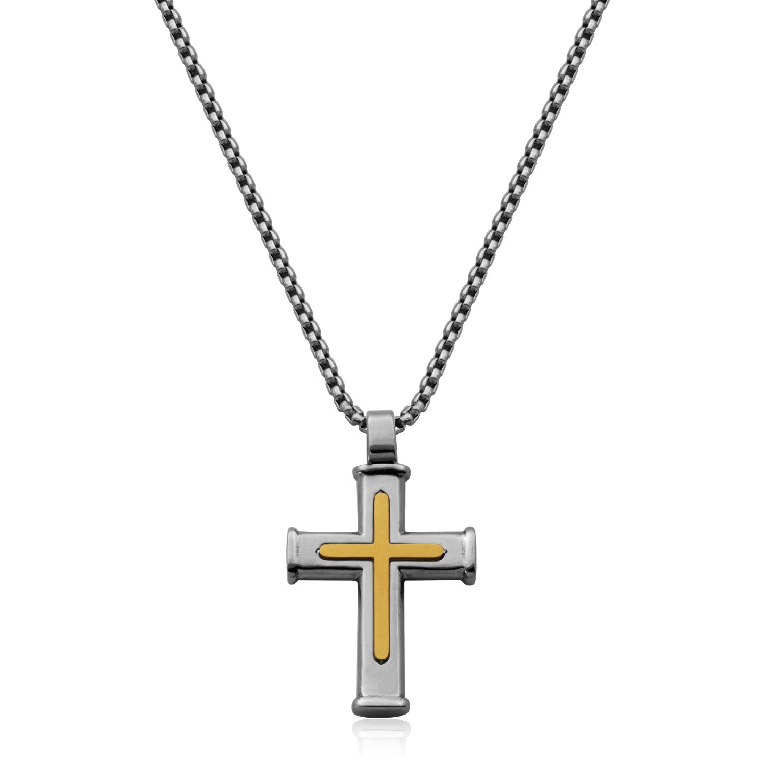 Two-Tone Gold Ion-Plated Stainless Steel Inset Cross Necklace