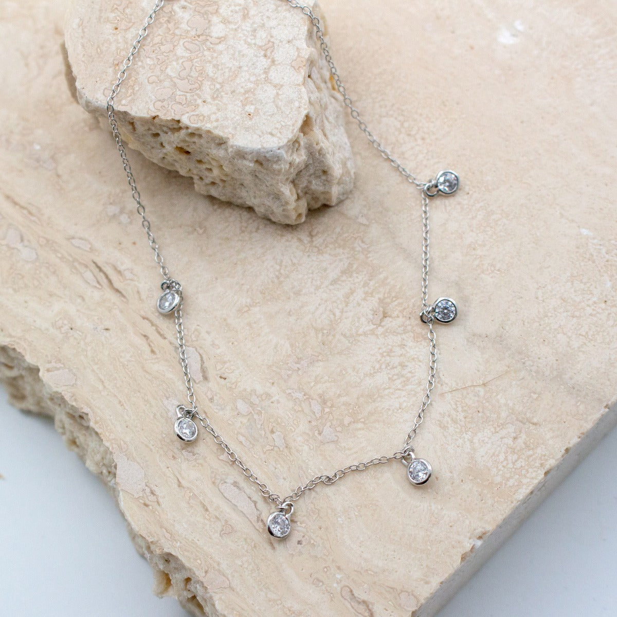Sterling Silver Chain Anklet with 6 CZ Flat Studs