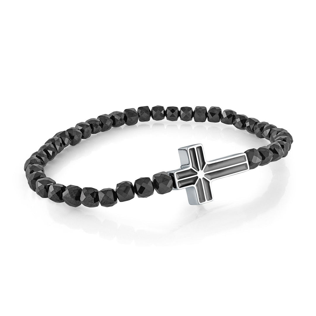 Italgem Steel Black Spinel & Sideways Cross Bracelet
